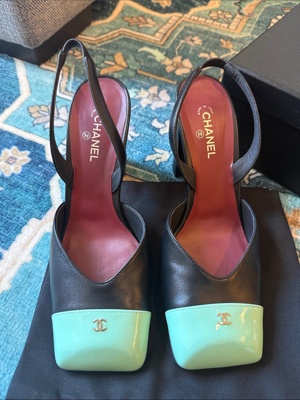 Chanel 26S Blazy Black Minty Green Square Cap Toe Sling Slingback Heel 37.5